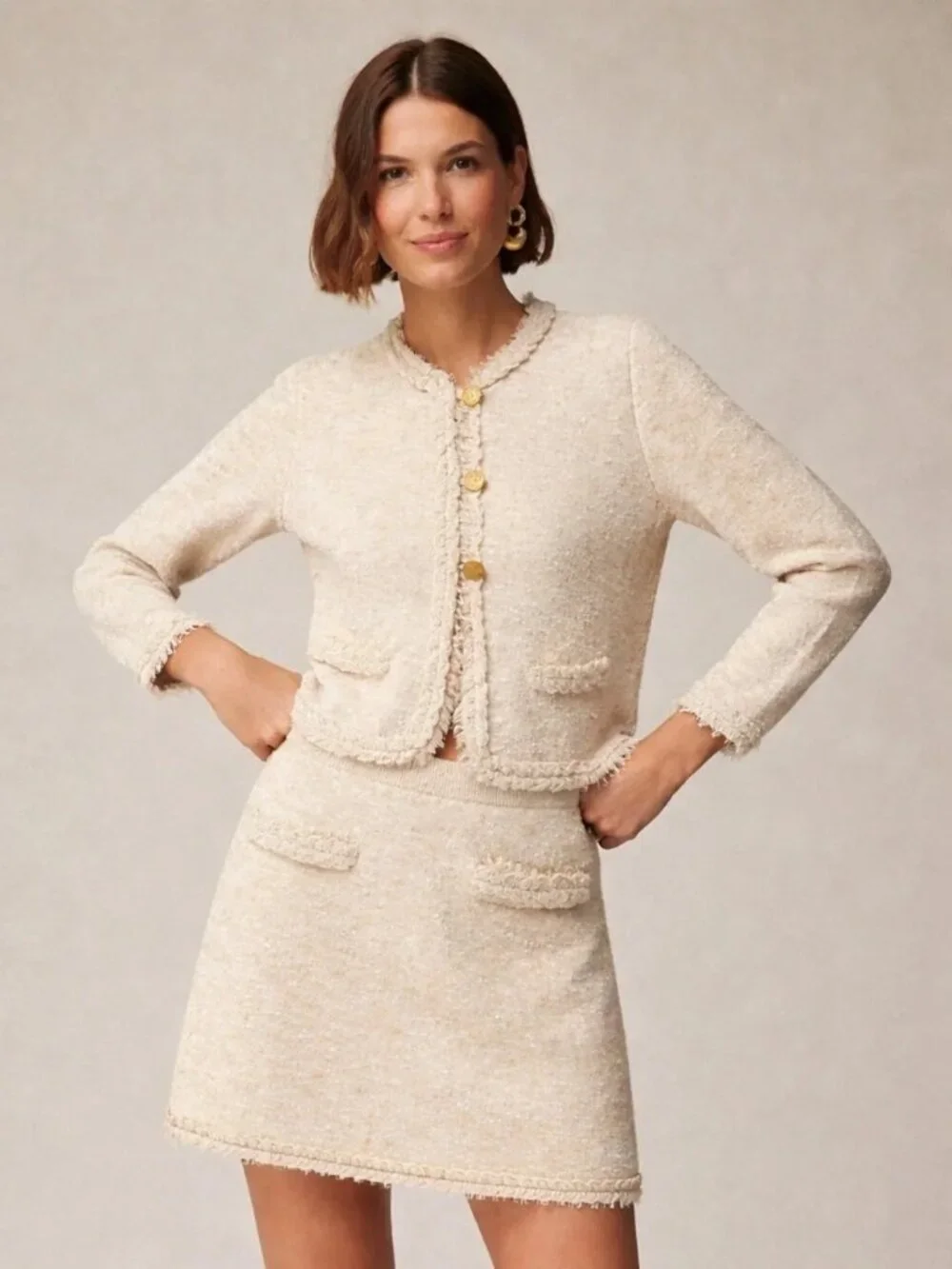 J. Crew Marled Fringe-Trim Sweater Lady Jacket Heather Sand Large #A3784